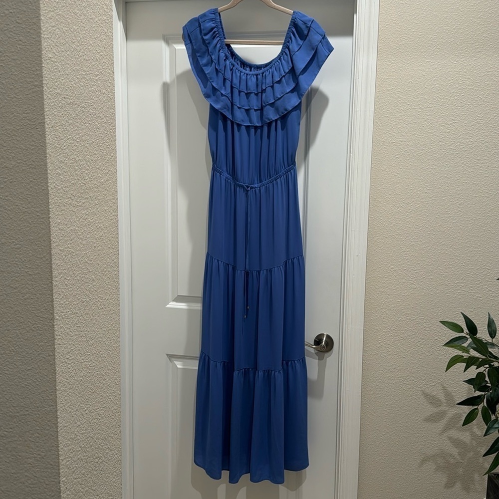 Powder Blue Off‎ The Shoulder Ruffled Neck Boho Maxi Dress Size M